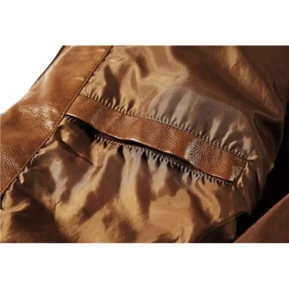 Men's Stand Collar Leather Jacket Motorcycle Lightweight Faux Leather, Brown - Picture 3 of 7